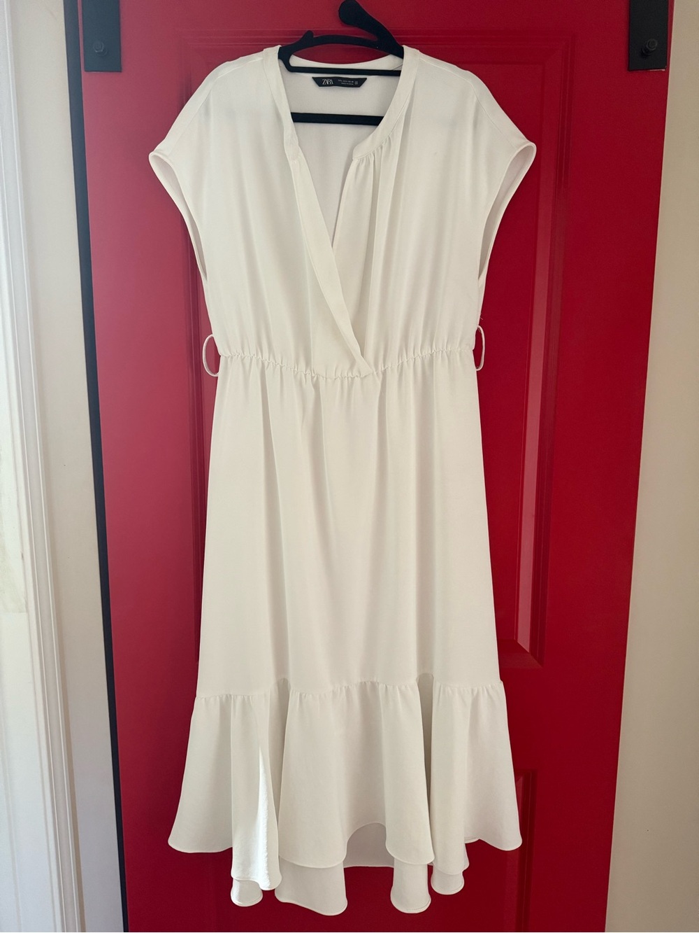 Zara Cream Wrap Midi Dress with Flounced Hem